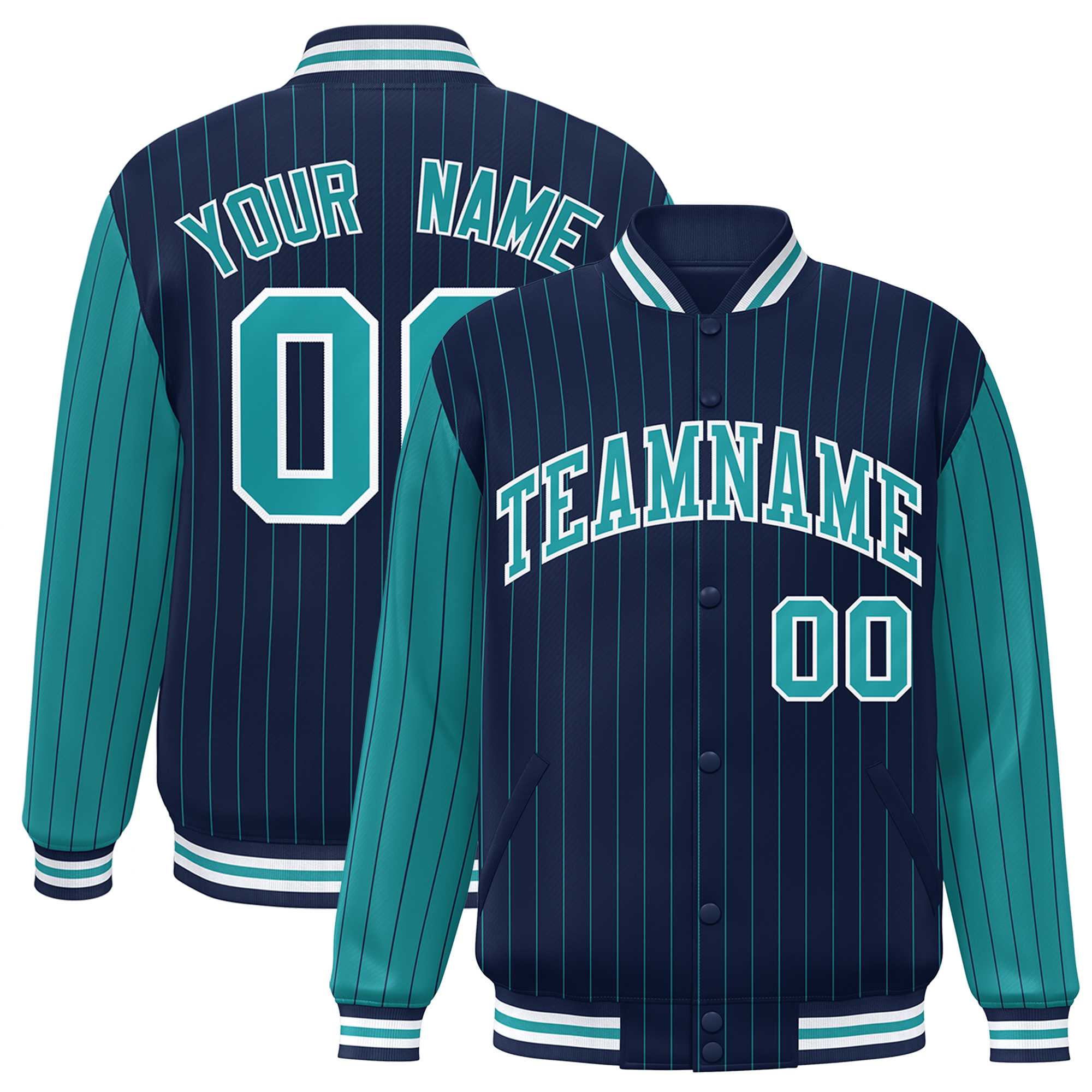 Custom Navy Aqua Raglan Sleeves Varsity Full-Snap Pinstripe Letterman Baseball Jacket