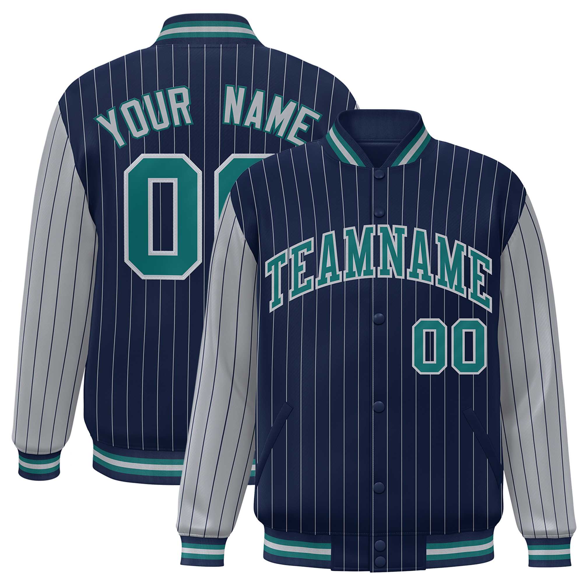 Custom Navy Gray Raglan Sleeves Varsity Full-Snap Pinstripe Letterman Baseball Jacket