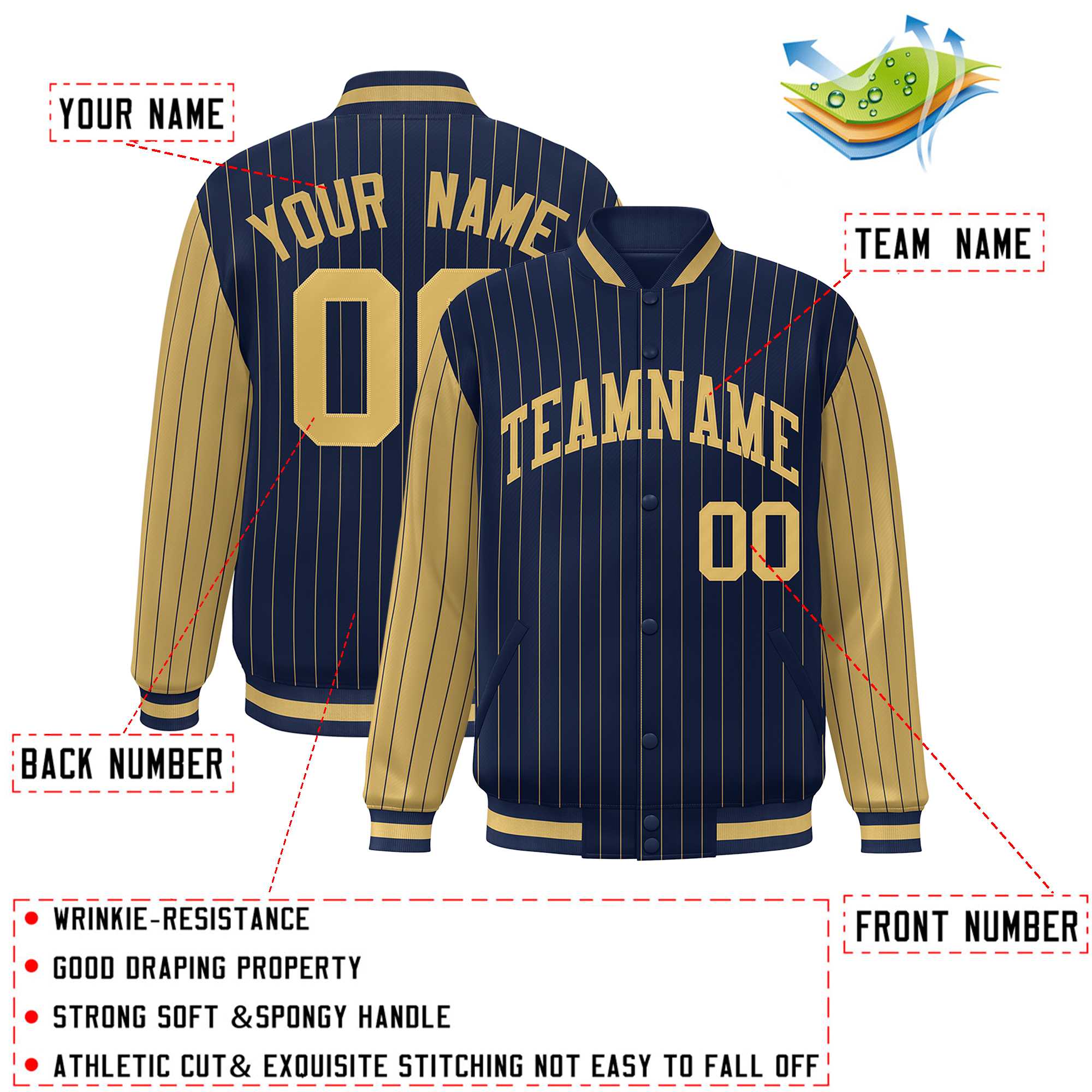 Custom Navy Old Gold Raglan Sleeves Varsity Full-Snap Pinstripe Letterman Baseball Jacket