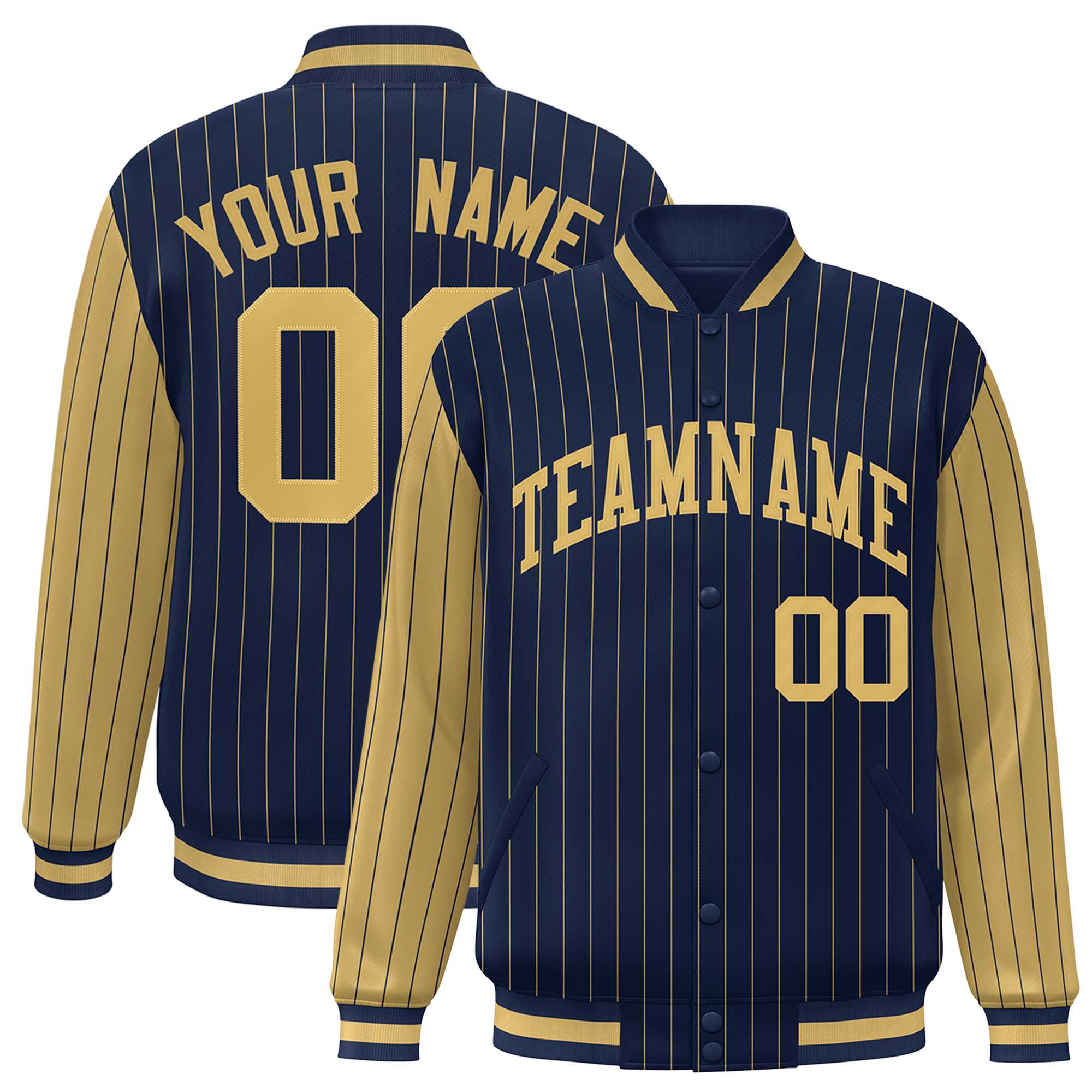 Custom Navy Old Gold Raglan Sleeves Varsity Full-Snap Pinstripe Letterman Baseball Jacket