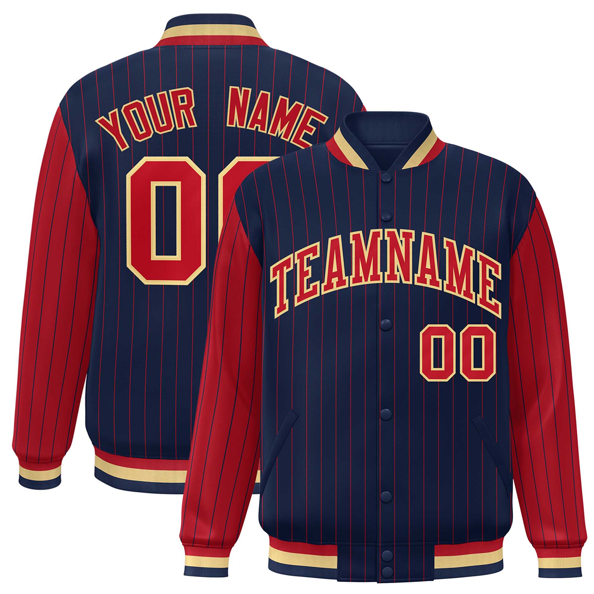 Custom Navy Red Raglan Sleeves Varsity Full-Snap Pinstripe Letterman Baseball Jacket