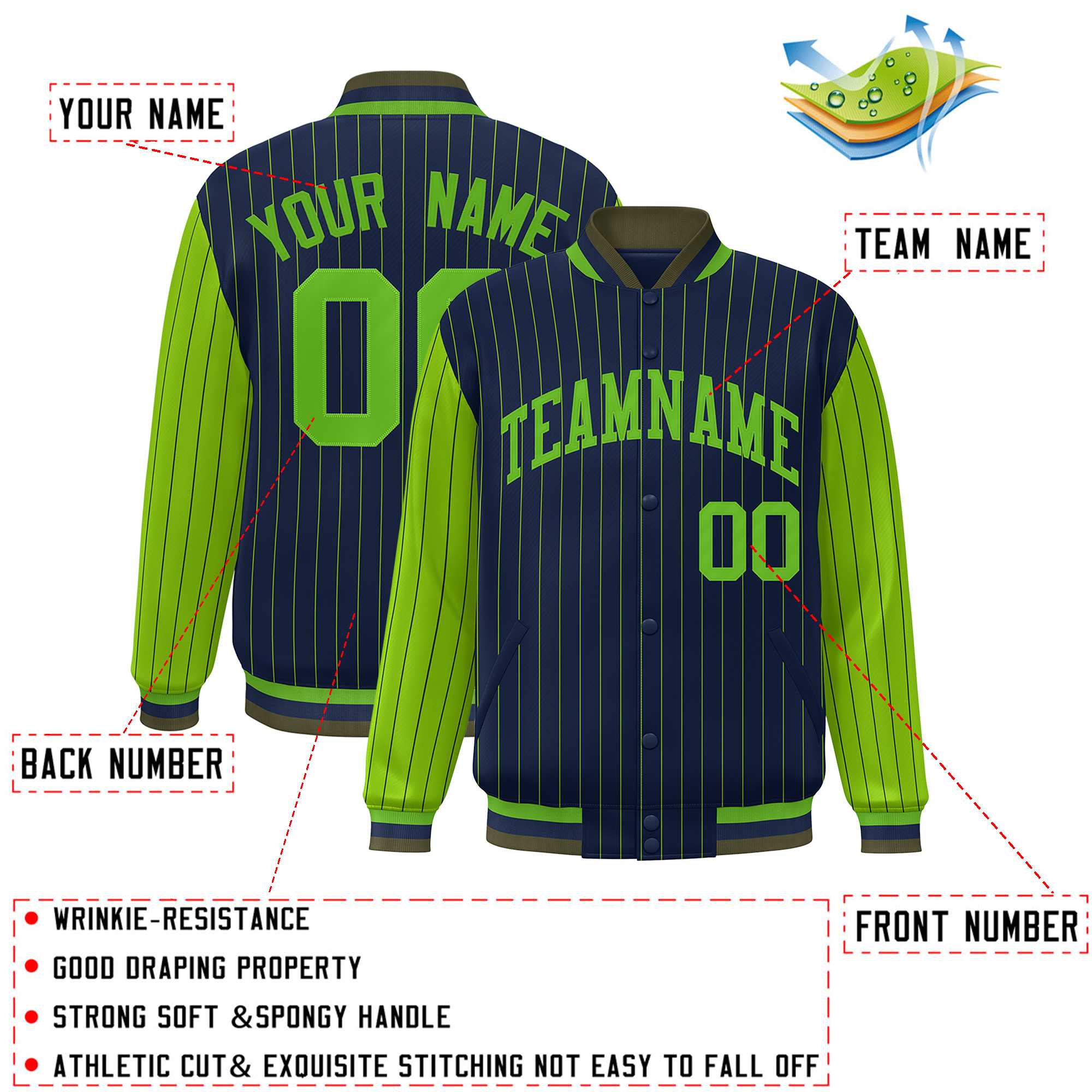 Custom Navy Green Raglan Sleeves Varsity Full-Snap Pinstripe Letterman Baseball Jacket