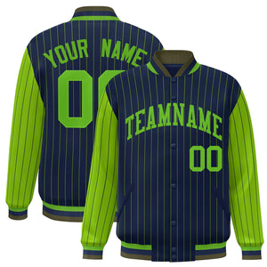 Custom Navy Green Raglan Sleeves Varsity Full-Snap Pinstripe Letterman Baseball Jacket