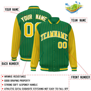 Custom Kelly Green Gold Raglan Sleeves Varsity Full-Snap Pinstripe Letterman Baseball Jacket