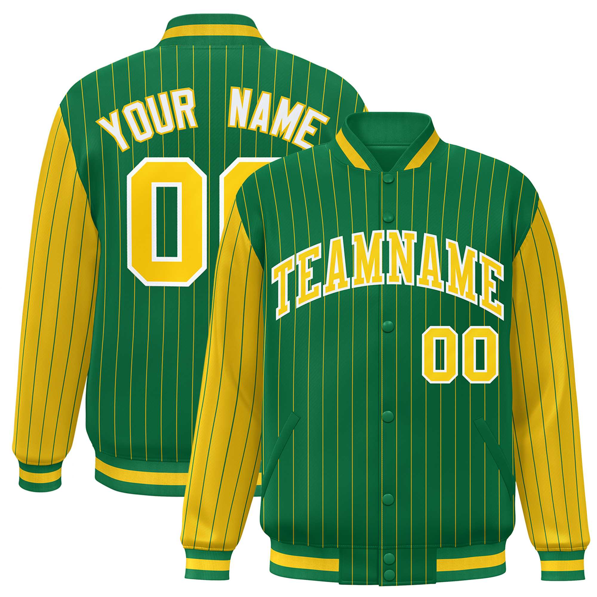 Custom Kelly Green Gold Raglan Sleeves Varsity Full-Snap Pinstripe Letterman Baseball Jacket