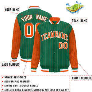 Custom Kelly Green Orange Raglan Sleeves Varsity Full-Snap Pinstripe Letterman Baseball Jacket