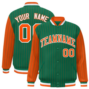 Custom Kelly Green Orange Raglan Sleeves Varsity Full-Snap Pinstripe Letterman Baseball Jacket