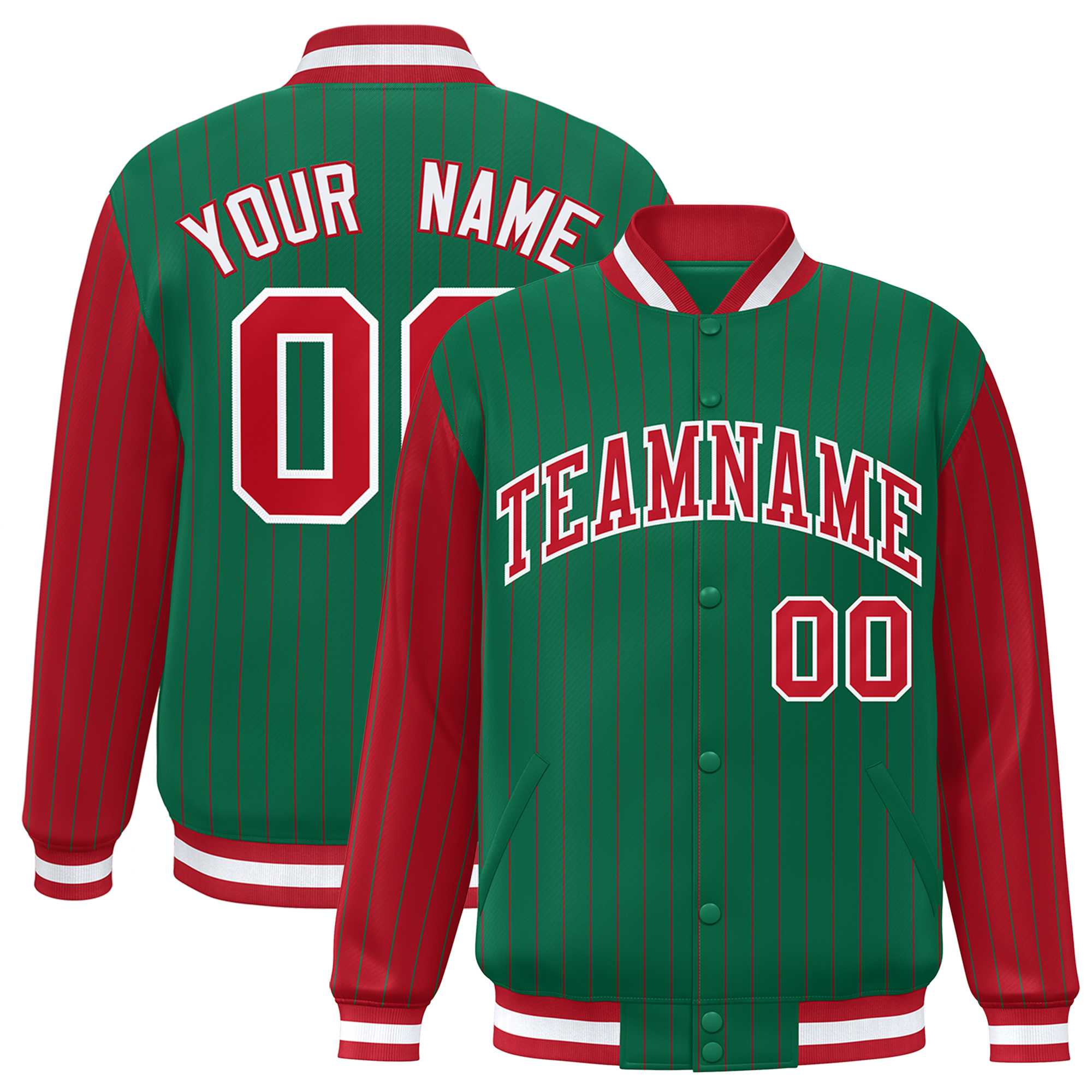 Custom Kelly Green Red Raglan Sleeves Varsity Full-Snap Pinstripe Letterman Baseball Jacket