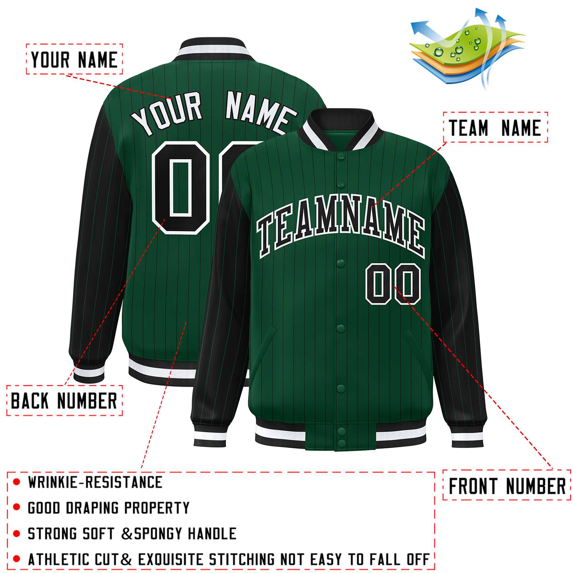 Custom Green Black Raglan Sleeves Varsity Full-Snap Pinstripe Letterman Baseball Jacket