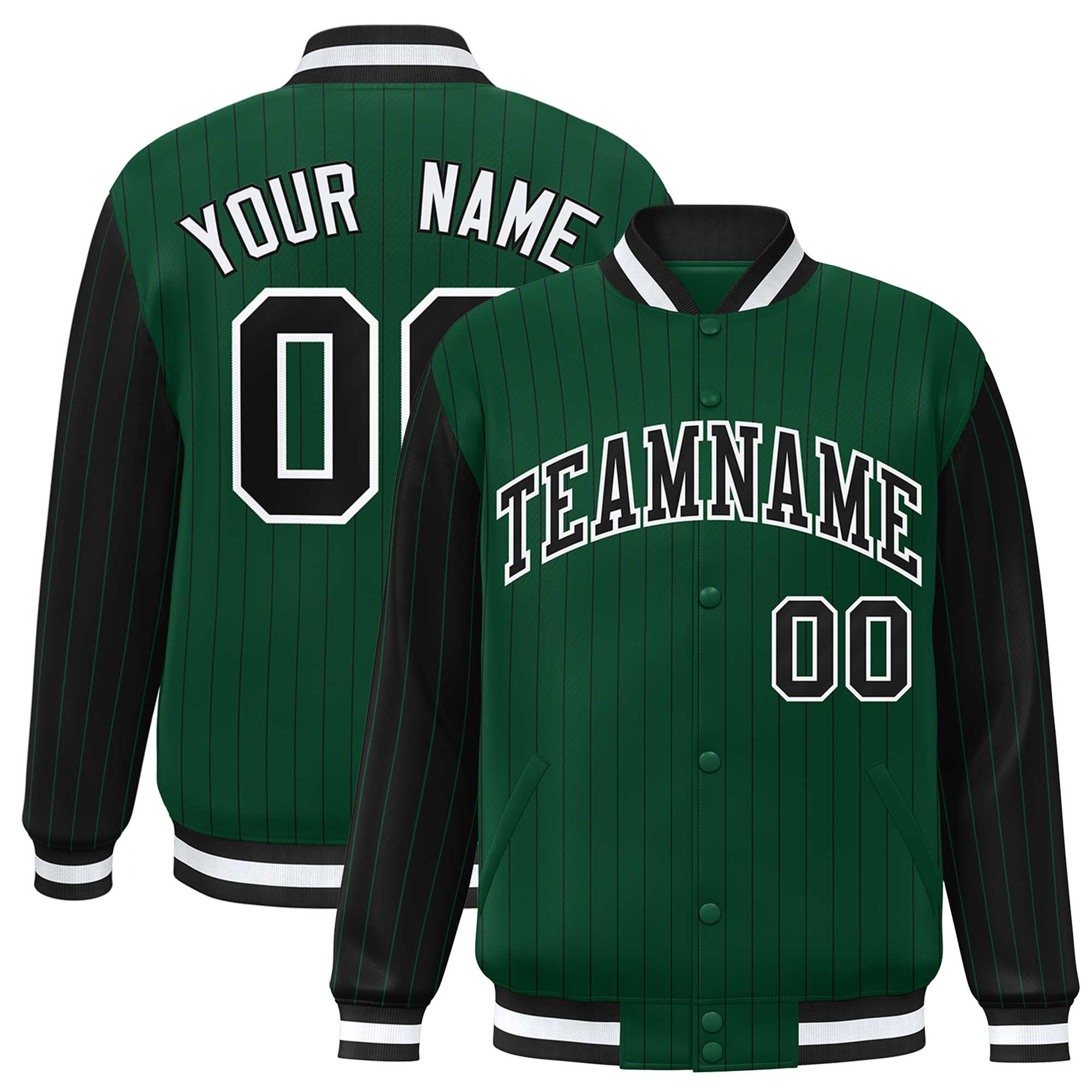 Custom Green Black Raglan Sleeves Varsity Full-Snap Pinstripe Letterman Baseball Jacket