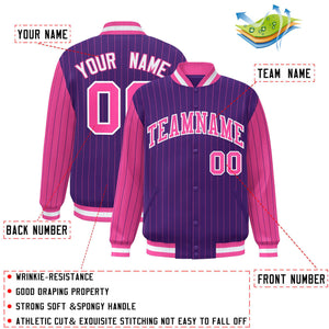 Custom Purple Pink Raglan Sleeves Varsity Full-Snap Pinstripe Letterman Baseball Jacket