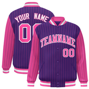 Custom Purple Pink Raglan Sleeves Varsity Full-Snap Pinstripe Letterman Baseball Jacket