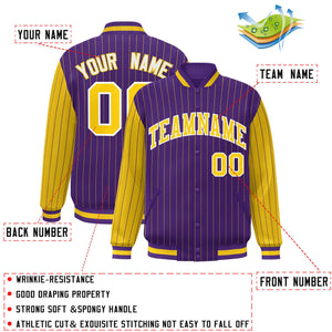 Custom Purple Gold Raglan Sleeves Varsity Full-Snap Pinstripe Letterman Baseball Jacket