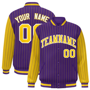 Custom Purple Gold Raglan Sleeves Varsity Full-Snap Pinstripe Letterman Baseball Jacket