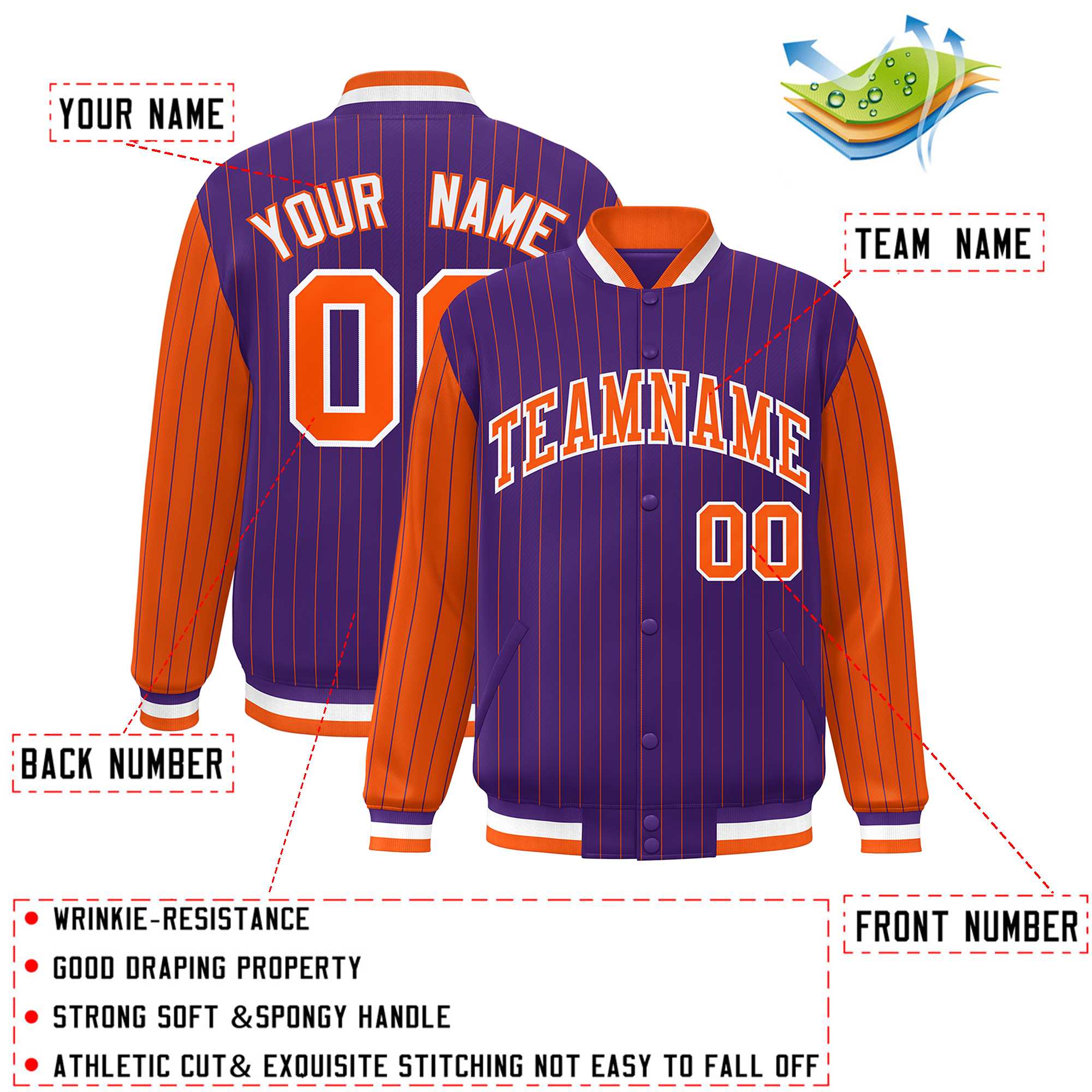 Custom Purple Orange Raglan Sleeves Varsity Full-Snap Pinstripe Letterman Baseball Jacket