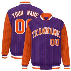 Custom Purple Orange Raglan Sleeves Varsity Full-Snap Pinstripe Letterman Baseball Jacket