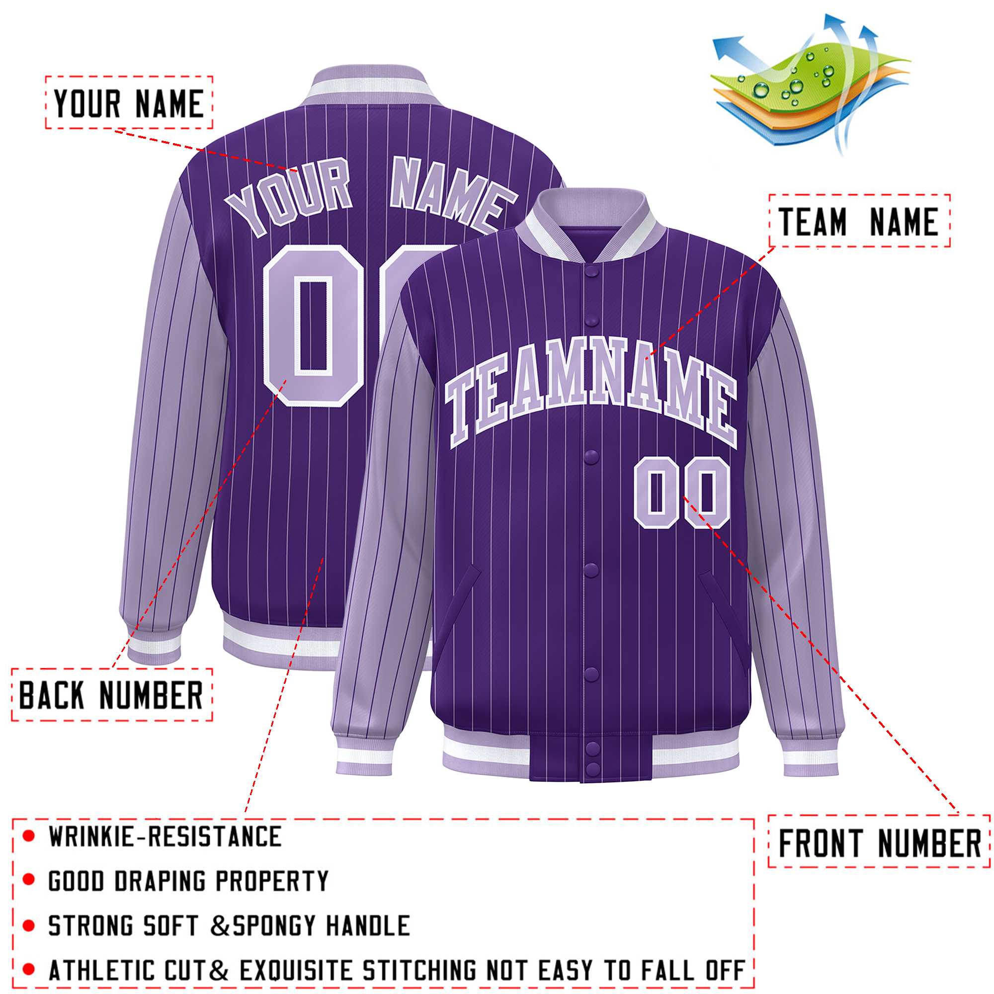 Custom Purple Light Purple Raglan Sleeves Varsity Full-Snap Pinstripe Letterman Baseball Jacket