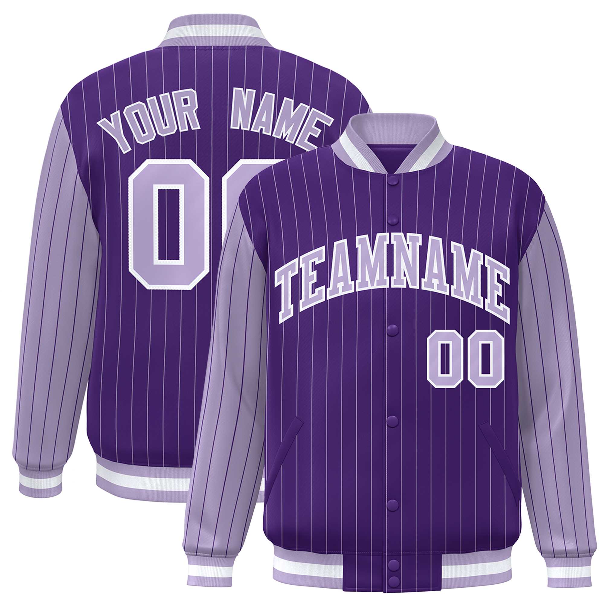 Custom Purple Light Purple Raglan Sleeves Varsity Full-Snap Pinstripe Letterman Baseball Jacket