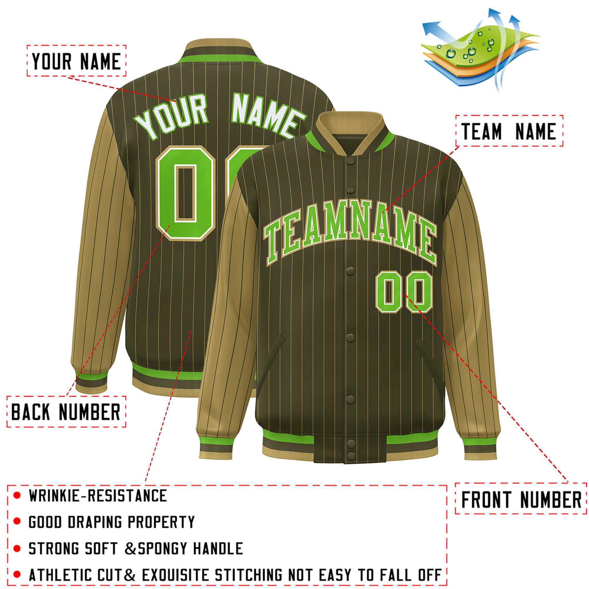 Custom Green Desert Yellow Raglan Sleeves Varsity Full-Snap Pinstripe Letterman Baseball Jacket