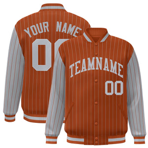 Custom Texas Orange Gray Raglan Sleeves Varsity Full-Snap Pinstripe Letterman Baseball Jacket