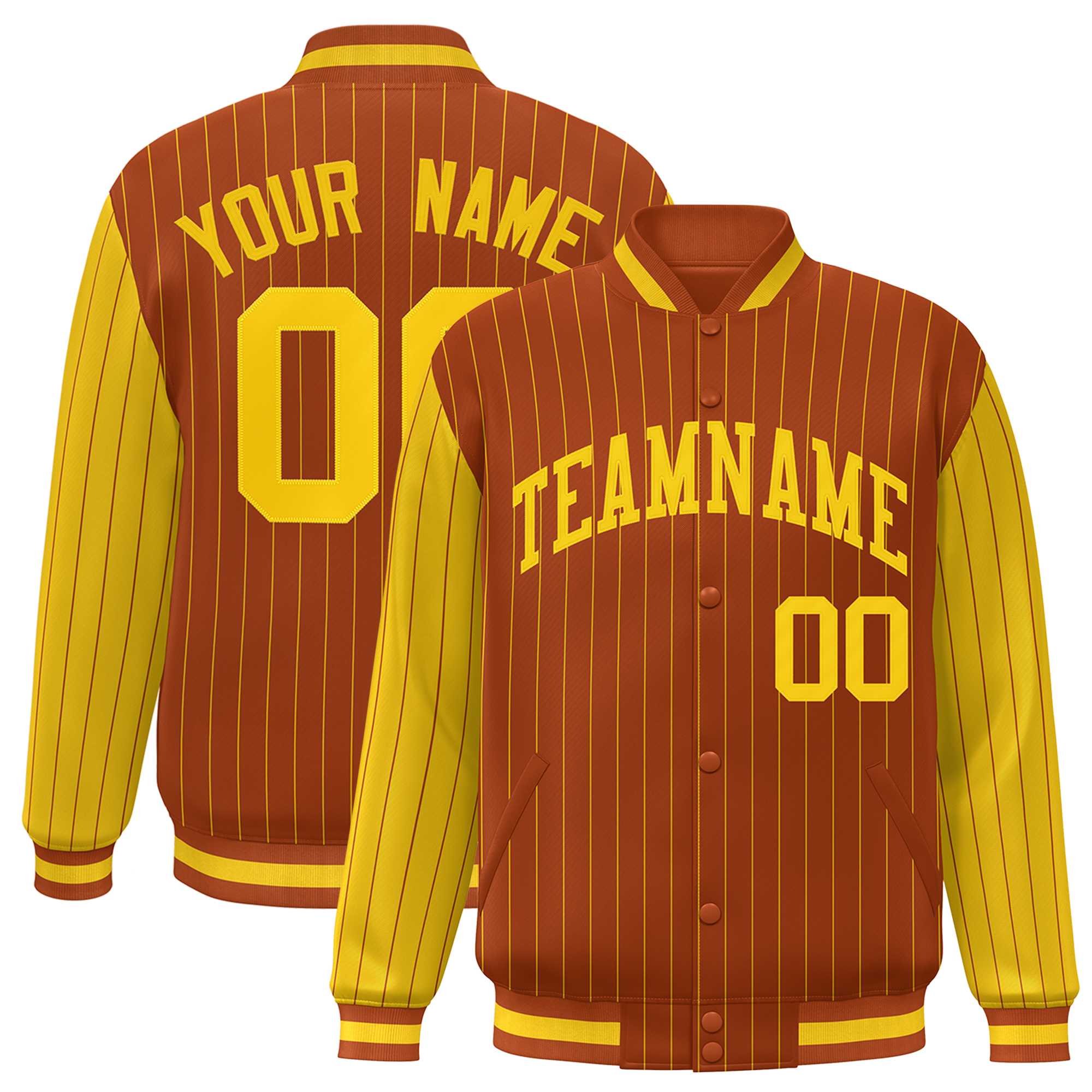 Custom Texas Orange Gold Raglan Sleeves Varsity Full-Snap Pinstripe Letterman Baseball Jacket