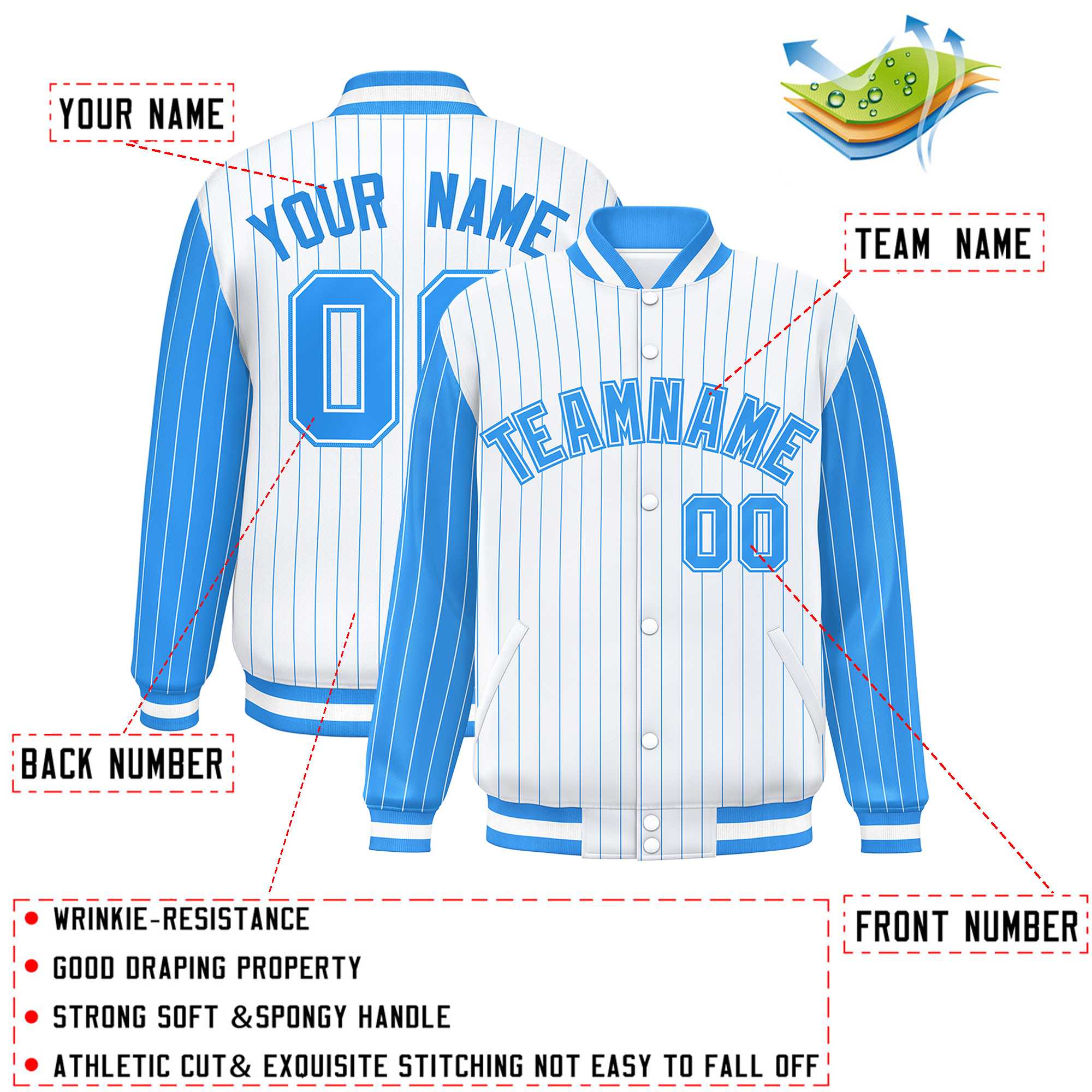 Custom White Powder Blue Raglan Sleeves Varsity Full-Snap Pinstripe Letterman Baseball Jacket