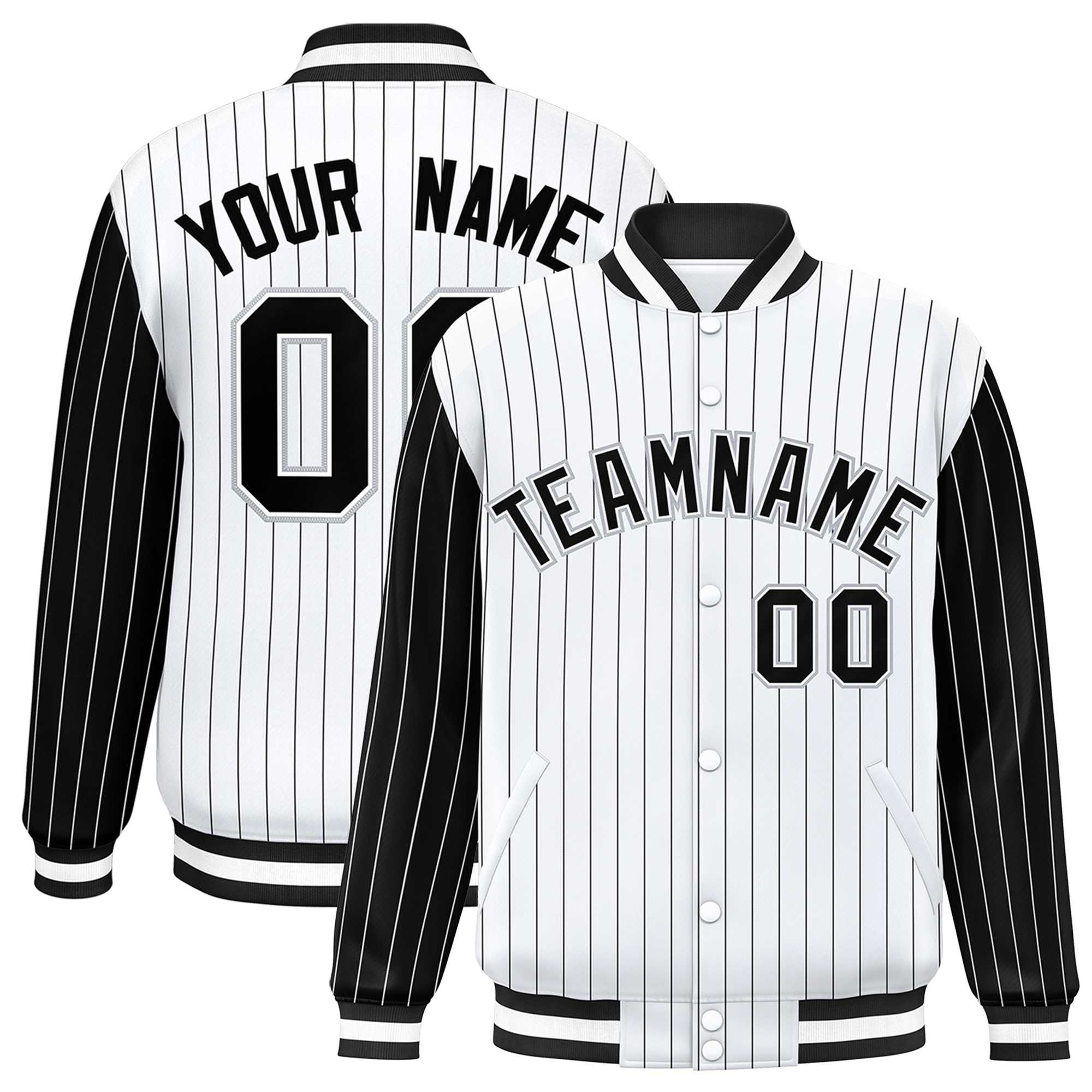 Custom White Black Raglan Sleeves Varsity Full-Snap Pinstripe Letterman Baseball Jacket