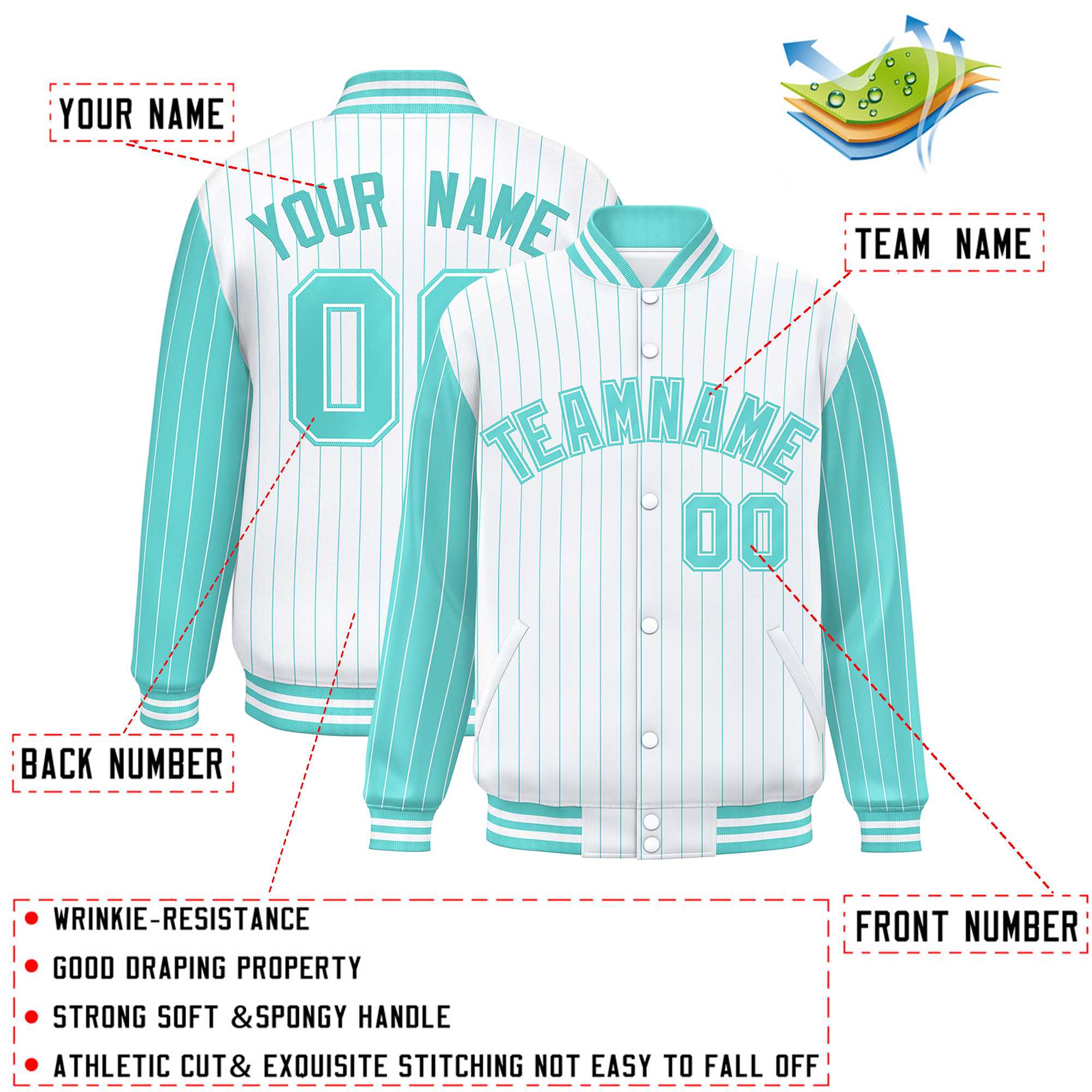 Custom White Bright Green Raglan Sleeves Varsity Full-Snap Pinstripe Letterman Baseball Jacket