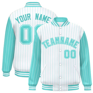 Custom White Bright Green Raglan Sleeves Varsity Full-Snap Pinstripe Letterman Baseball Jacket