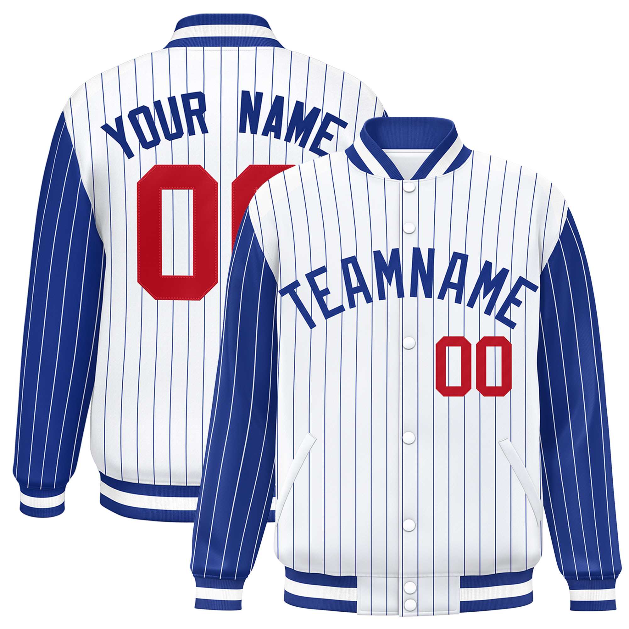 Custom White Royal Raglan Sleeves Varsity Full-Snap Pinstripe Letterman Baseball Jacket