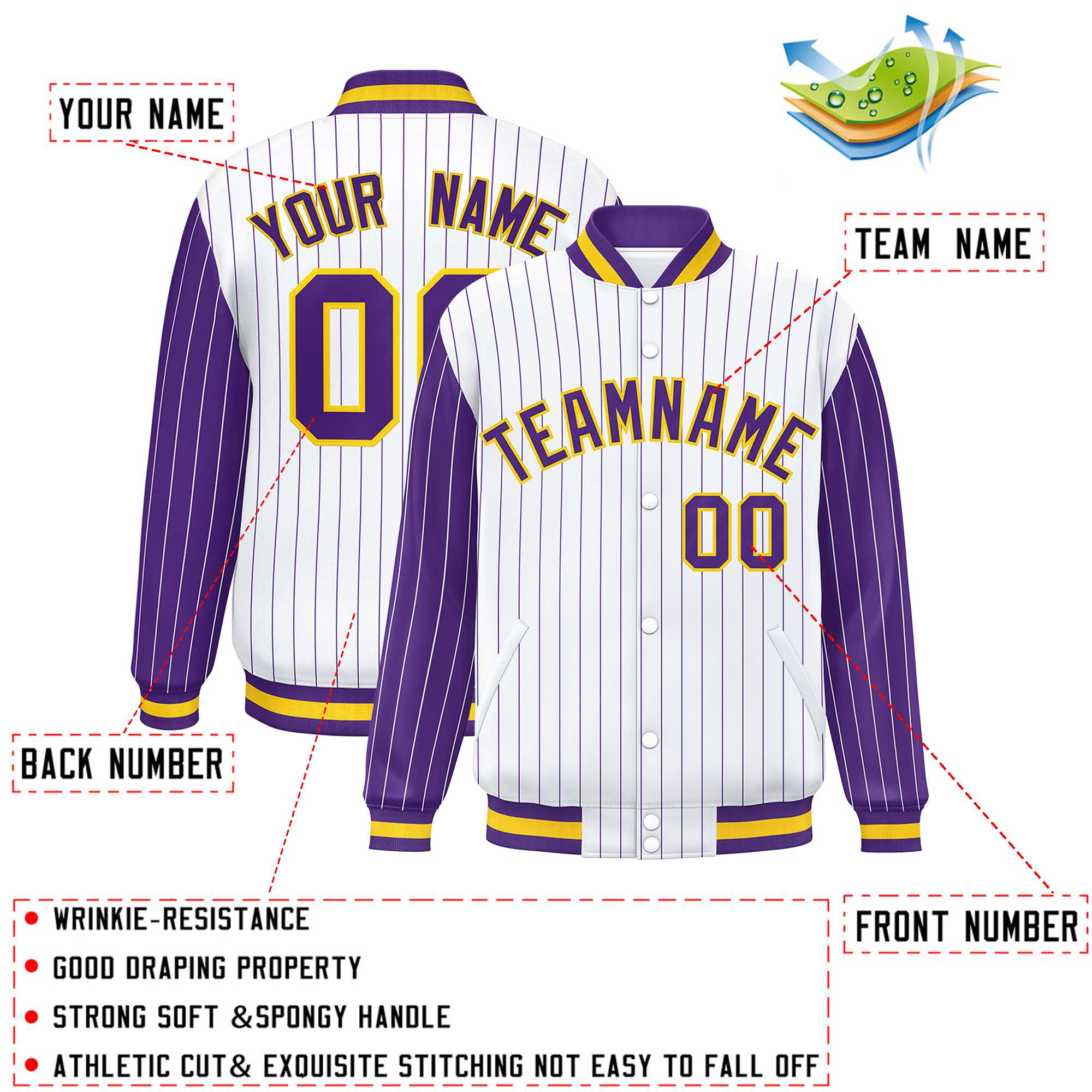 Custom White Purple Raglan Sleeves Varsity Full-Snap Pinstripe Letterman Baseball Jacket