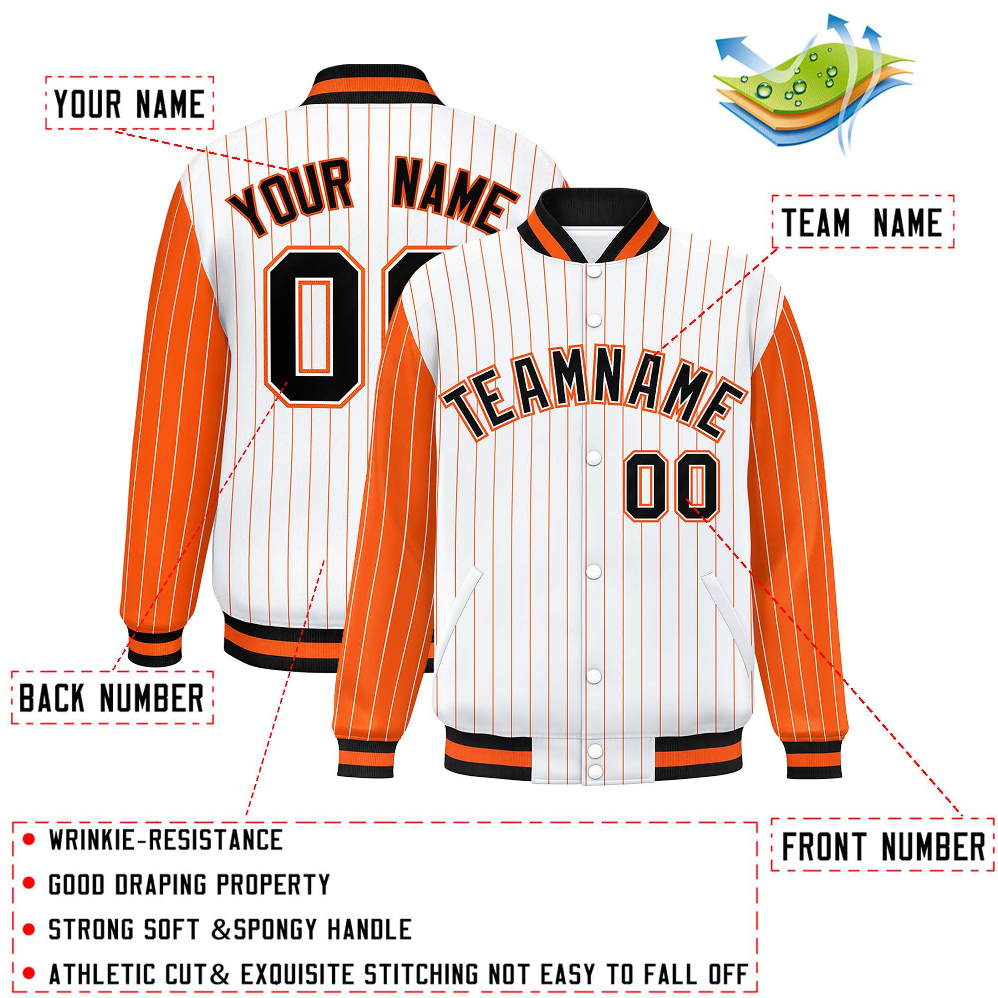 Custom White Orange Raglan Sleeves Varsity Full-Snap Pinstripe Letterman Baseball Jacket