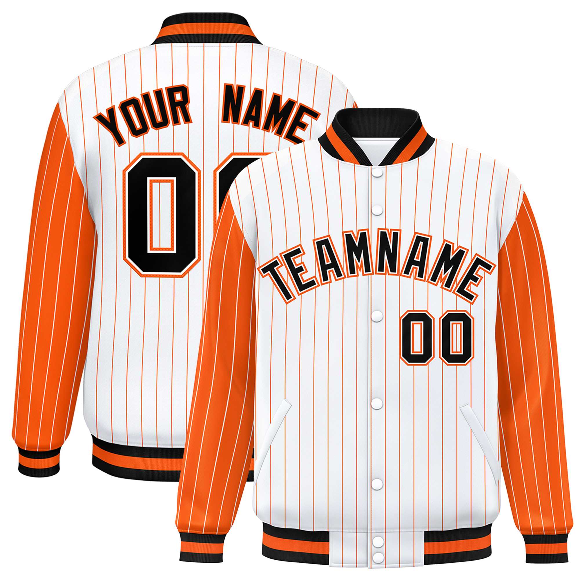 Custom White Orange Raglan Sleeves Varsity Full-Snap Pinstripe Letterman Baseball Jacket