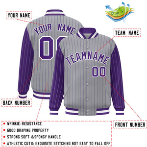 Custom Gray Purple Raglan Sleeves Varsity Full-Snap Pinstripe Letterman Baseball Jacket