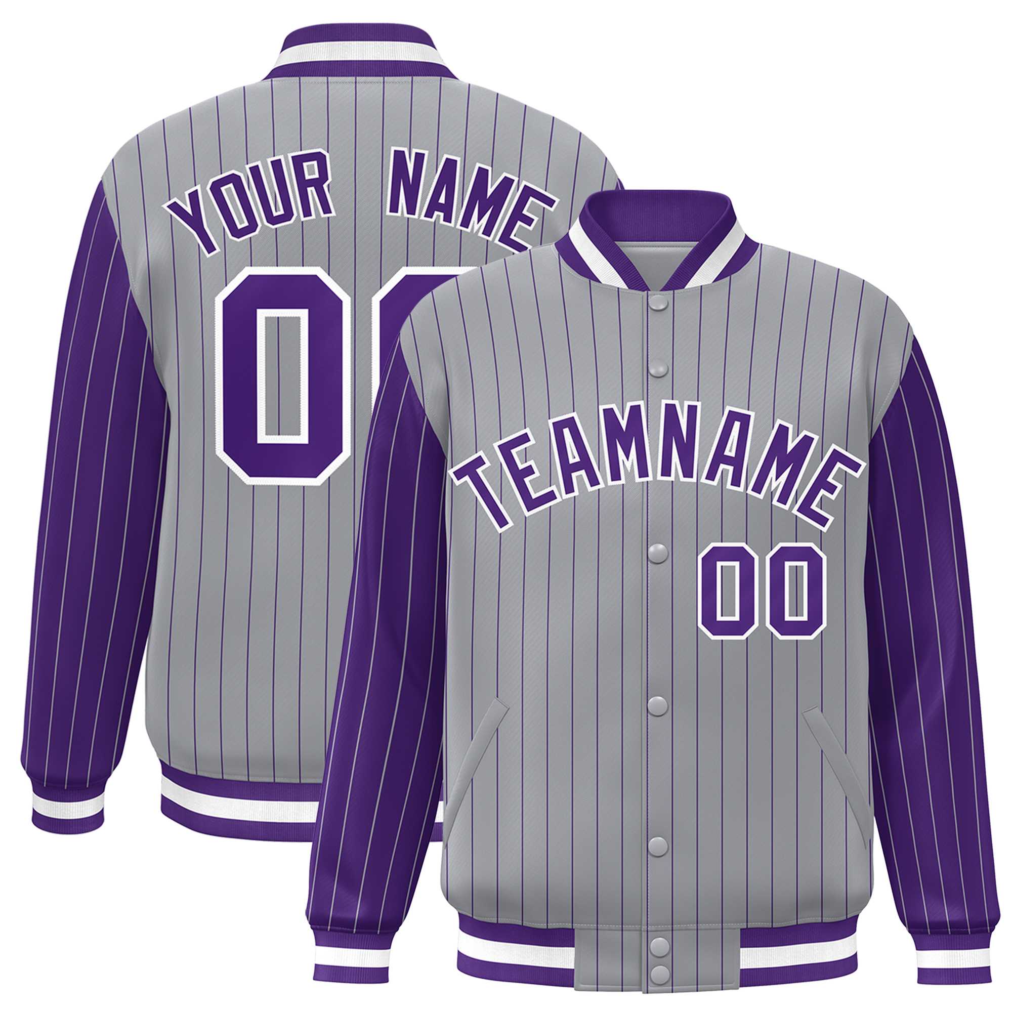 Custom Gray Purple Raglan Sleeves Varsity Full-Snap Pinstripe Letterman Baseball Jacket