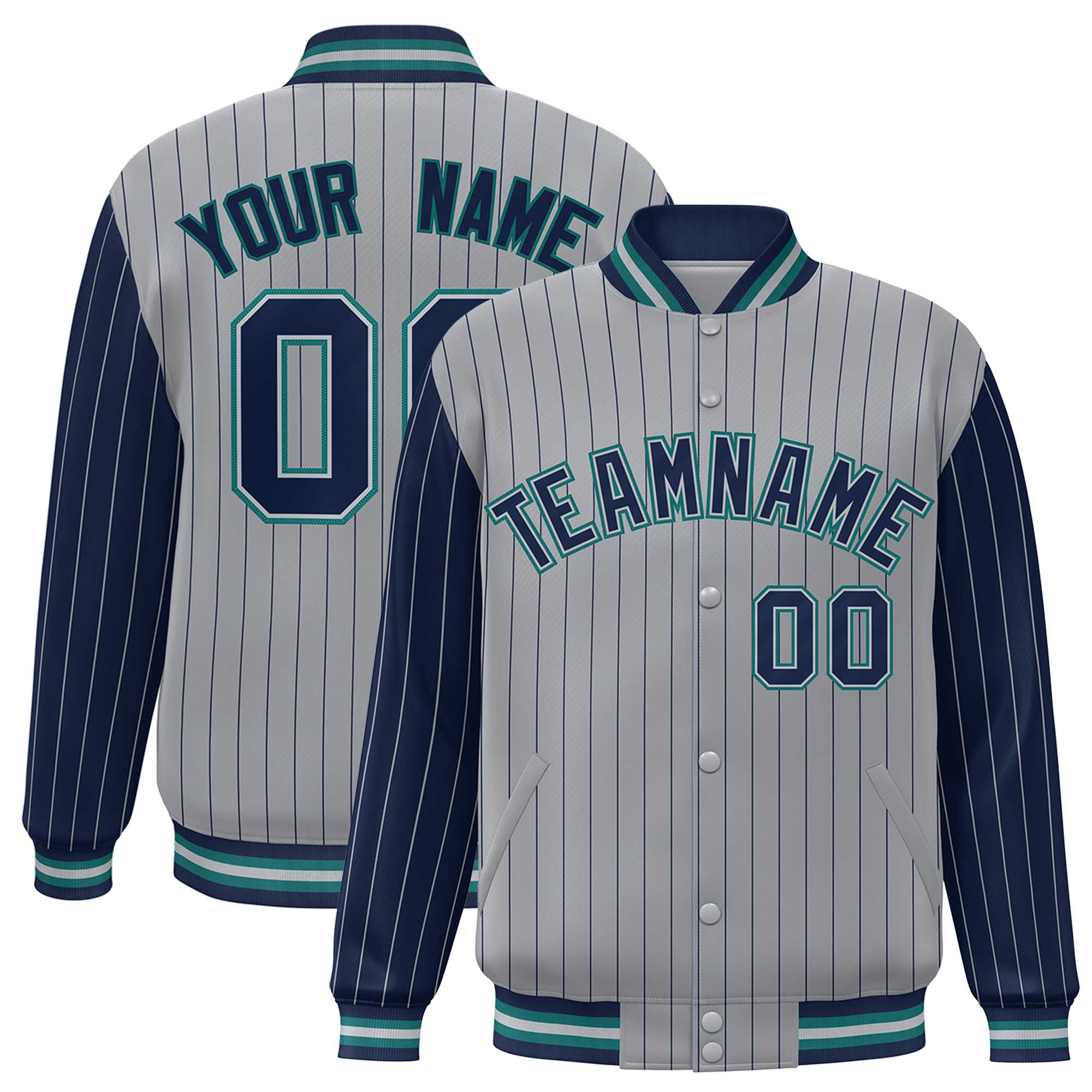 Custom Gray Navy Raglan Sleeves Varsity Full-Snap Pinstripe Letterman Baseball Jacket