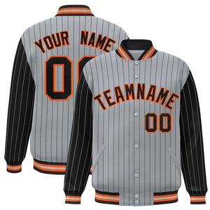 Custom Gray Black Raglan Sleeves Varsity Full-Snap Pinstripe Letterman Baseball Jacket