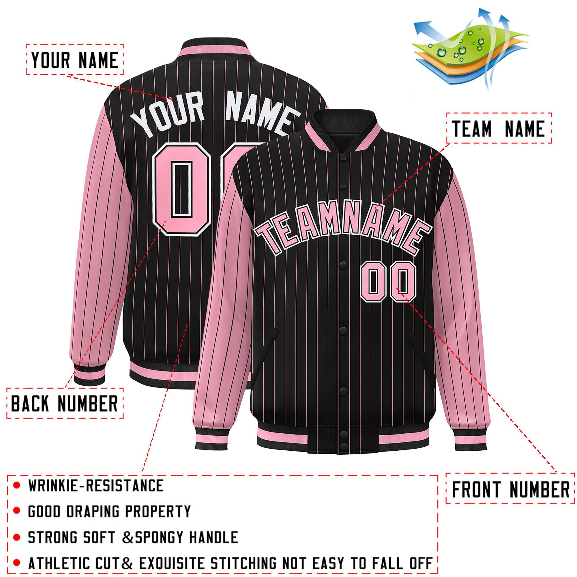 Custom Black Light Pink Raglan Sleeves Varsity Full-Snap Pinstripe Letterman Baseball Jacket