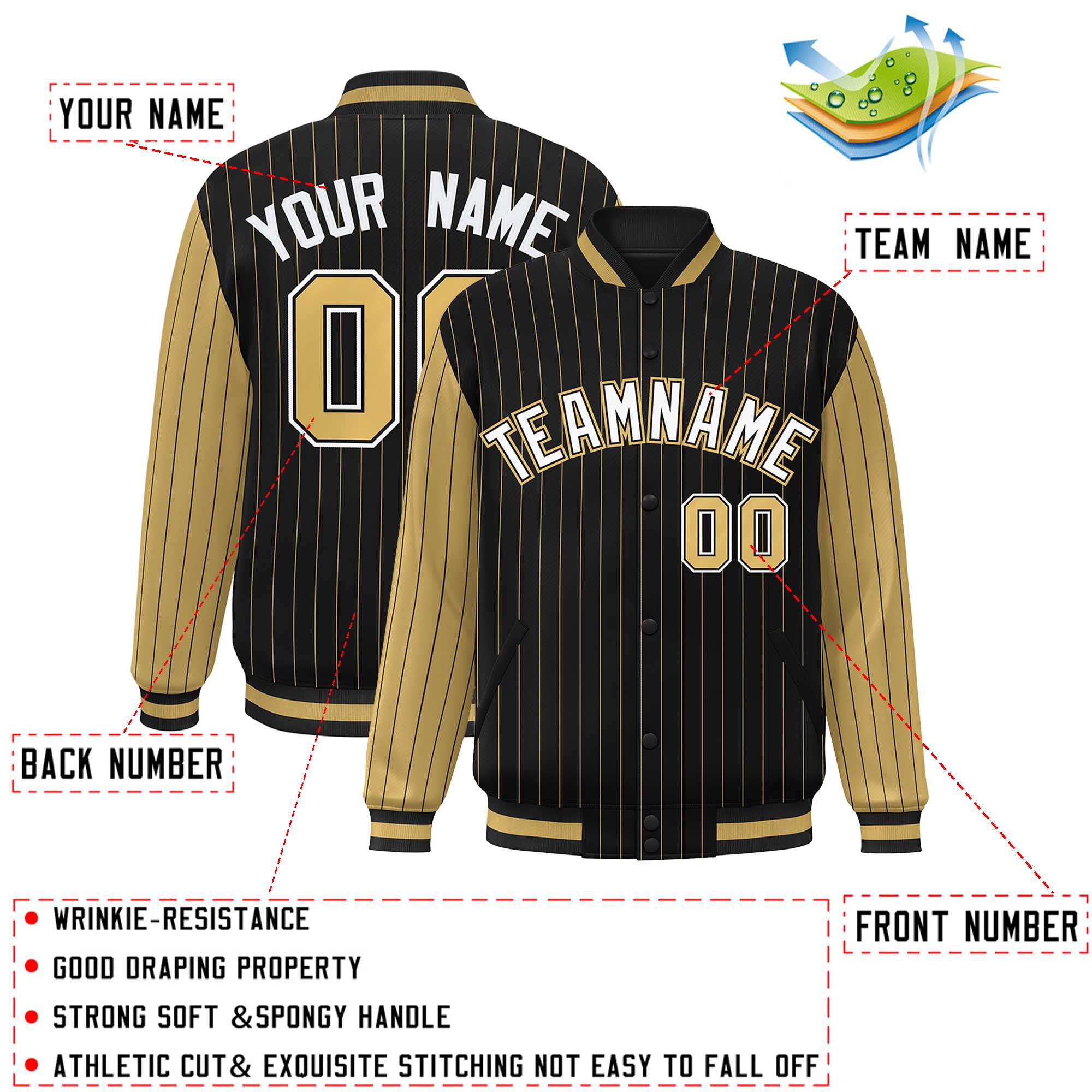 Custom Black Old Gold Raglan Sleeves Varsity Full-Snap Pinstripe Letterman Baseball Jacket