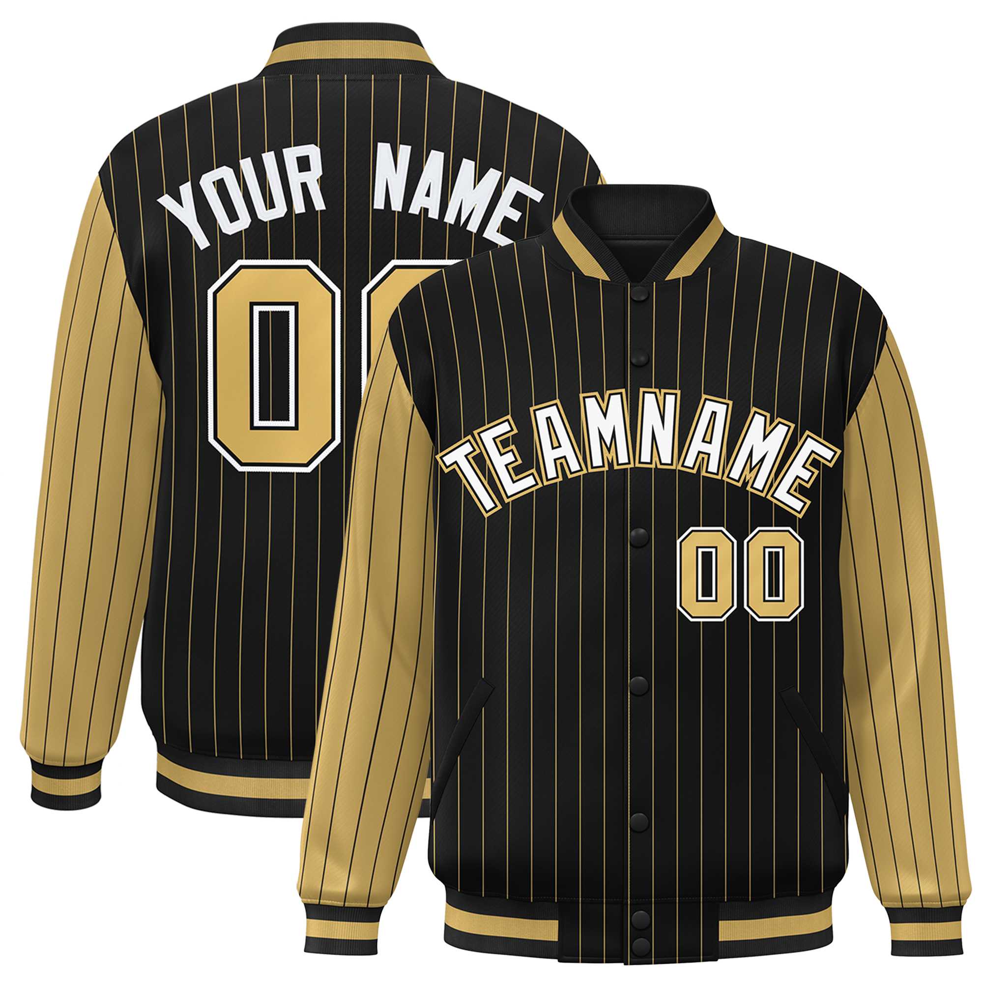 Custom Black Old Gold Raglan Sleeves Varsity Full-Snap Pinstripe Letterman Baseball Jacket