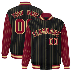 Custom Black Crimson Raglan Sleeves Varsity Full-Snap Pinstripe Letterman Baseball Jacket