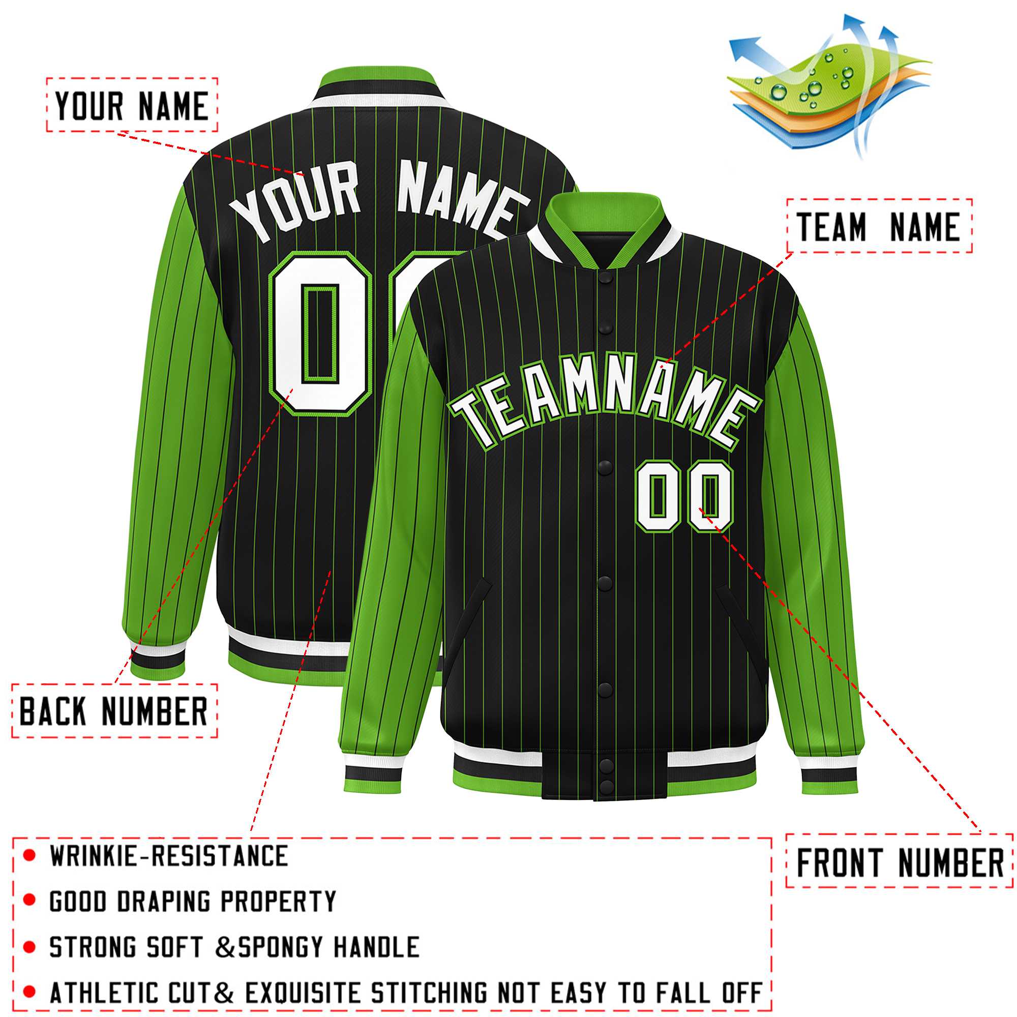 Custom Black Green Raglan Sleeves Varsity Full-Snap Pinstripe Letterman Baseball Jacket