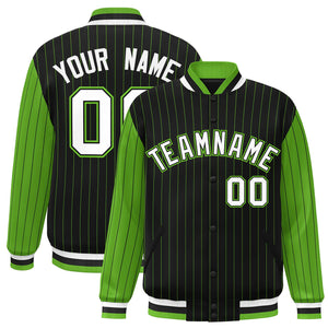 Custom Black Green Raglan Sleeves Varsity Full-Snap Pinstripe Letterman Baseball Jacket