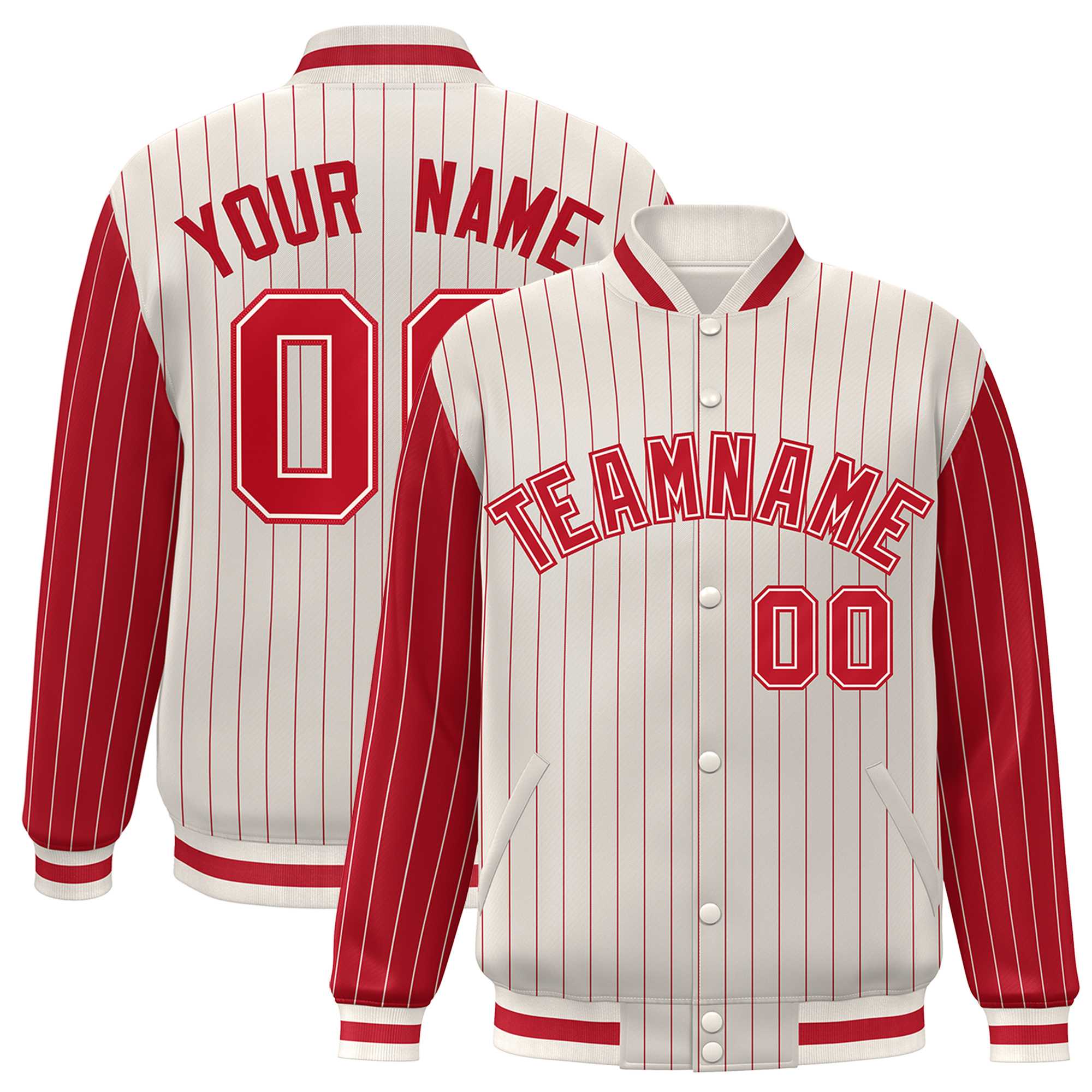 Custom Cream Red Raglan Sleeves Varsity Full-Snap Pinstripe Letterman Baseball Jacket