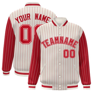 Custom Cream Red Raglan Sleeves Varsity Full-Snap Pinstripe Letterman Baseball Jacket