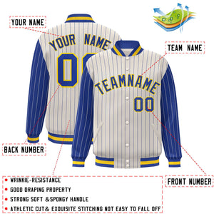 Custom Cream Royal Raglan Sleeves Varsity Full-Snap Pinstripe Letterman Baseball Jacket