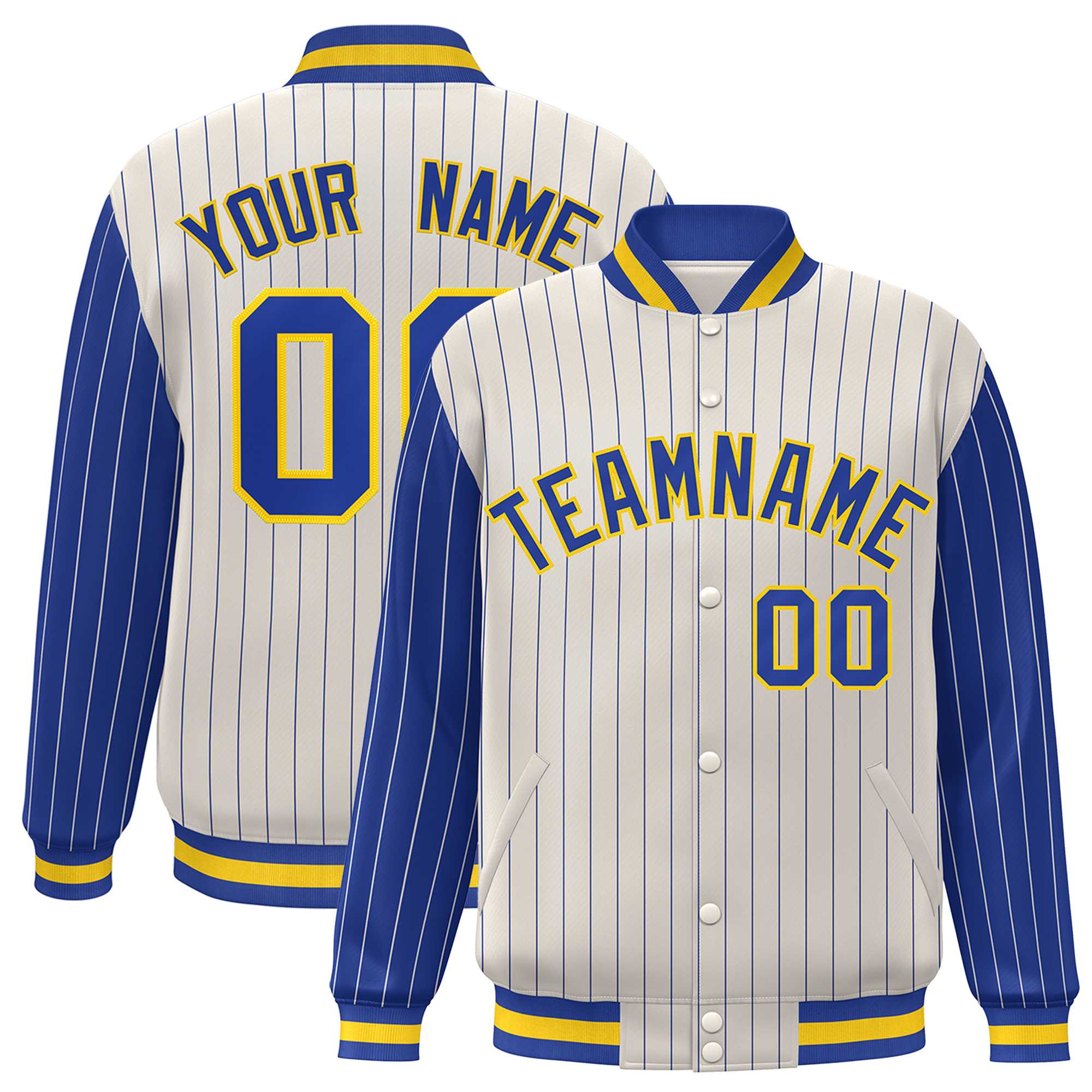 Custom Cream Royal Raglan Sleeves Varsity Full-Snap Pinstripe Letterman Baseball Jacket