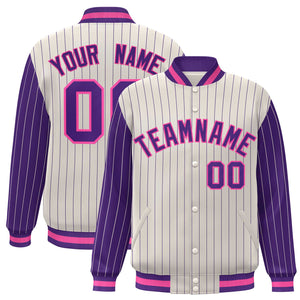 Custom Cream Purple Raglan Sleeves Varsity Full-Snap Pinstripe Letterman Baseball Jacket