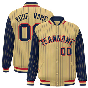 Custom Khaki Navy Raglan Sleeves Varsity Full-Snap Pinstripe Letterman Baseball Jacket