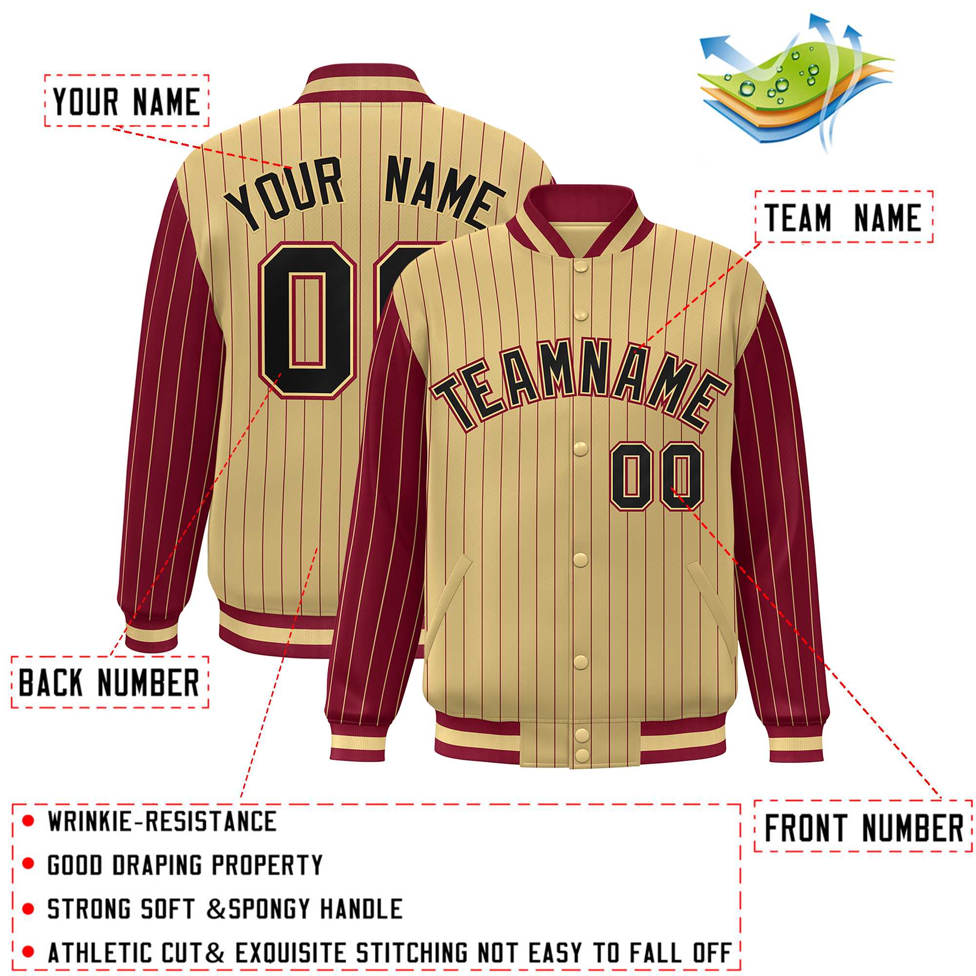 Custom Khaki Crimson Raglan Sleeves Varsity Full-Snap Pinstripe Letterman Baseball Jacket